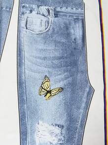 SHEIN Chica Joven Camiseta de hombros descubiertos & Pantalones acampanados con estampado de mariposa