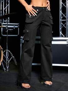 SHEIN Unity 女士休闲直筒工装裤 - 黑色 - 查看 1