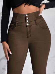 SHEIN SXY 大尺寸純色釦扣緊身牛仔褲 - 棕色 - 查看 6