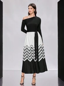 Modelyn Women's Color Block Splicing & Asymmetric Neck Design Dress Long Evening Dresses - Multicolor - View 7