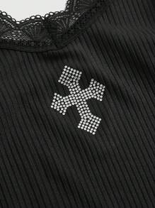 ROMWE Grunge Punk Contrast Lace Lettuce Trim Cami Top, School - Black - View 4