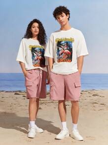 Manfinity VCAY 1pc Tropical Alphabet Print Drop Shoulder Casual T-Shirt - White - View 3