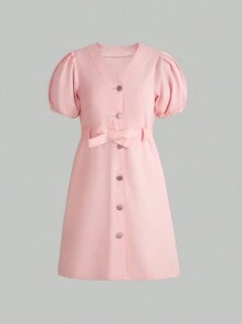 Tween Girl Denim Dress, New Arrival Casual Fashion Bubble Sleeve V Neck Washed Denim Dress - Pink - View 1