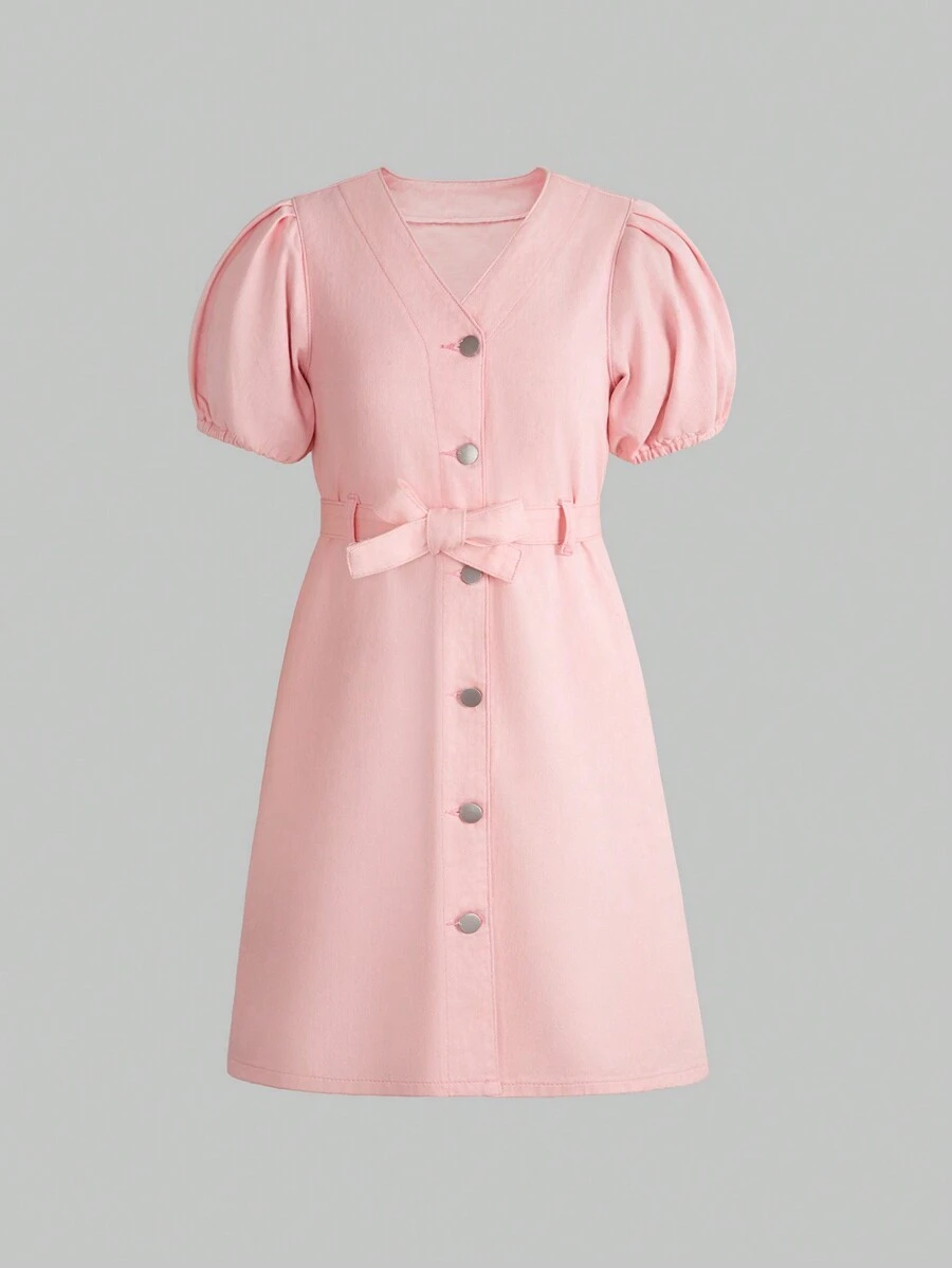 Tween Girl Denim Dress, New Arrival Casual Fashion Bubble Sleeve V Neck Washed Denim Dress - Pink - View 1