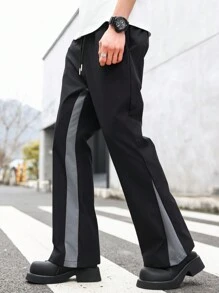 Manfinity Roghcode 寬鬆款男士對比色側縫束口腰直腿長褲，適合外出穿著 - 黑色 - 查看 6