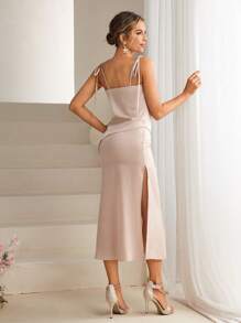 Chiquease Satin Ribbon Strap Cowl Neck Cami Top And High Split Skirt Two Pieces Set