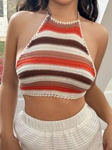 SHEIN Unity 女裝條紋短款露背針織上衣 - 棕色 - 查看 1