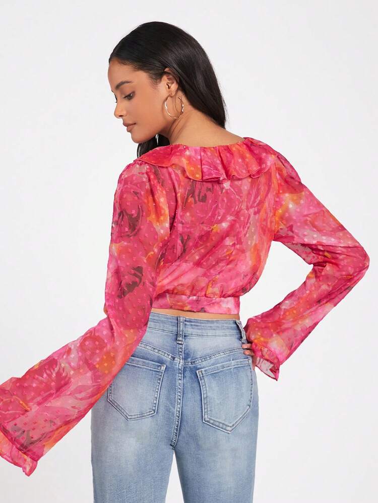Women's Floral Print Patchwork Shirt With Ruffle Hem And Bell Sleeves