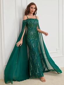 Vestido de manga larga con hombros descubiertos y bordado de lentejuelas - Verde Oscuro - Ver 7