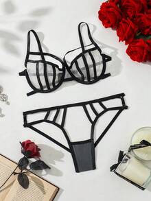 SHEIN 여성용 섹시한 메시 홀로우 아웃 란제리 세트 - 블랙 - 보기 6