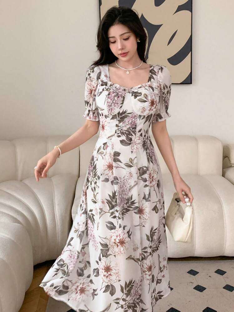 Ladies' Sweetheart Neckline Floral Print Ruffled Short Sleeve Dress,Milkmaid Dress Sundress Vacation Outfits Women Boho