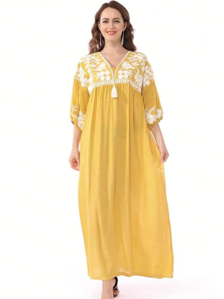 فستان نسائي إماراتي أنيق مطرز بالورود، جلابية تقلي...