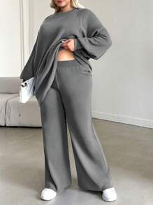 EURMUSE Plus Size Solid Color Casual Sweater Set - Light Grey - View 3