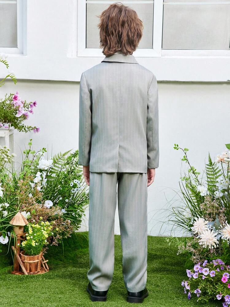 2pcs/Set Tween Boy Striped Notched Lapel Suit With Long Pants, Elegant Gentleman Outfits