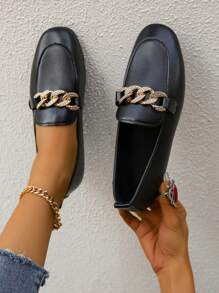 2025 Autumn Women's Fashionable Metal Chain Decoration Flat Shoes For All Seasons - Black - View 4