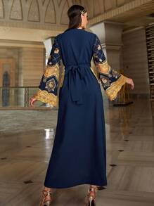 Al Najma 厚重手工水钻刺绣长袍，朴素全长长袍，优雅奢华晚会风格 - 藏蓝色 - 查看 3