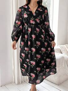 Modelyn Plus Size Floral Print Lantern Sleeve V-Neck Dress - Black - View 4