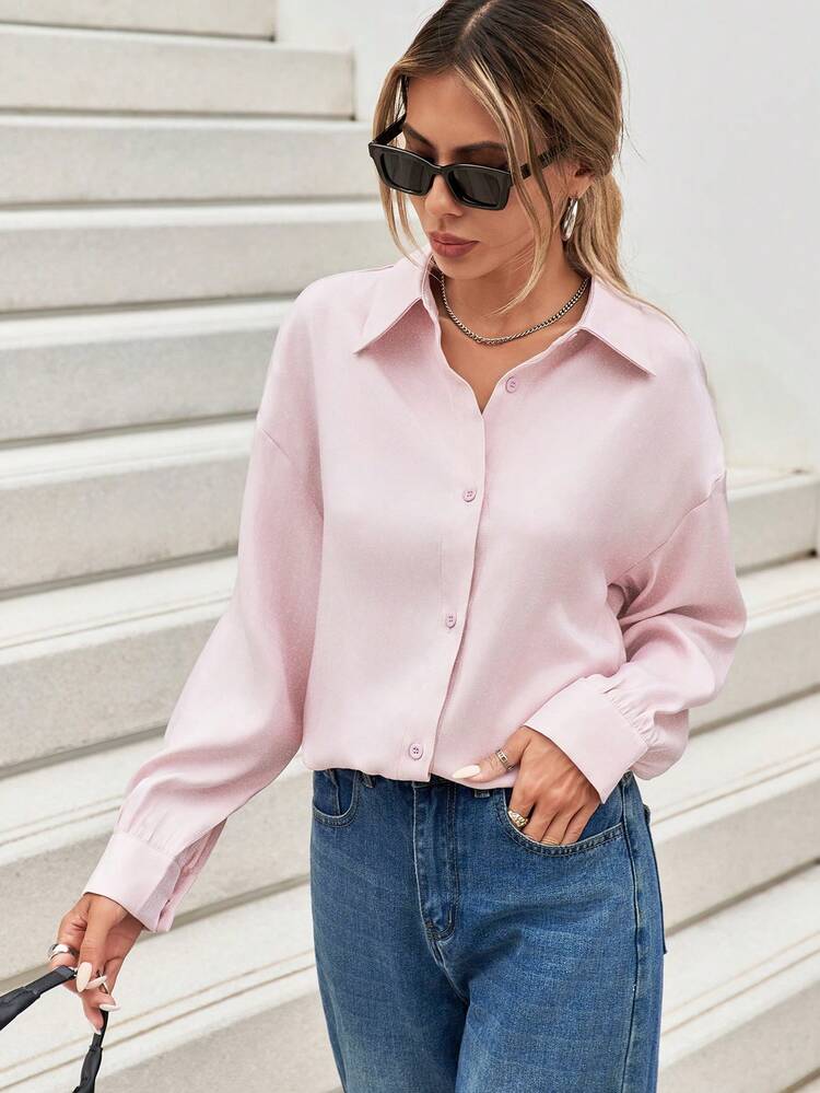 Women's Glittery Solid Color Drop Shoulder Long Sleeve Shirt, Lightly Shiny Material