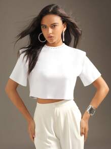 Anewsta Elegant Pearl Trimmed White Textured Women's T-Shirt