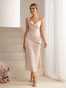 Chiquease Satin Ribbon Strap Cowl Neck Cami Top And High Split Skirt Two Pieces Set