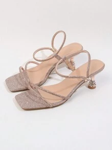 Sandalias de tacón alto con tiras de rhinestones para mujer, de estilo sexy, de tacón y fresco, de punta cuadrada, para el verano o el Día de San Valentín