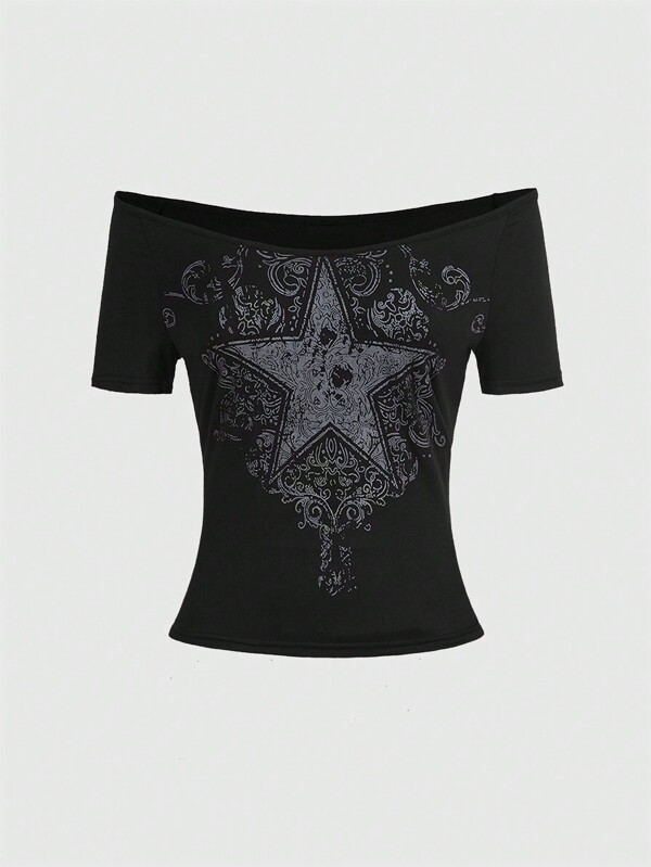 ROMWE Fairycore Star Print Off Shoulder Tee