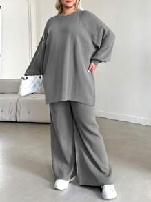 EURMUSE Plus Size Solid Color Casual Sweater Set - Light Grey - View 6