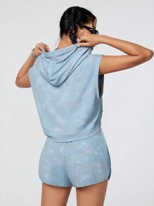 SHEIN EZwear Drawstring Hooded Batwing Sleeve Top And Shorts - Blue - View 2