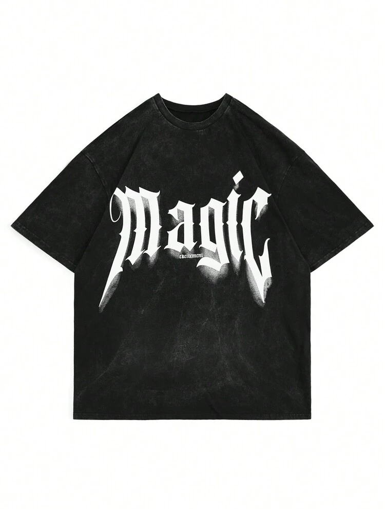 2024 Plus Size Streetwear Water Washed Short Sleeve T-Shirt With Vintage Letter Print For Spring/Summer