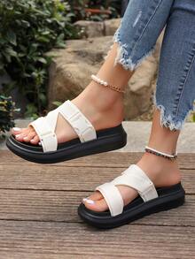Women's Chunky Platform Slippers, Summer Korean Style Open Toe Slides Crossed Straps Beach Sandals - Beige - View 5