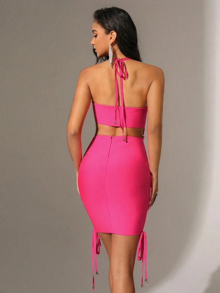 Ladies' Solid Color Hollow Out Side Lace Up Bandage Halter Neck Dress