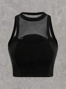 SHEIN Coolane 女士透孔網紗拼色修身上衣 - 黑色 - 查看 1