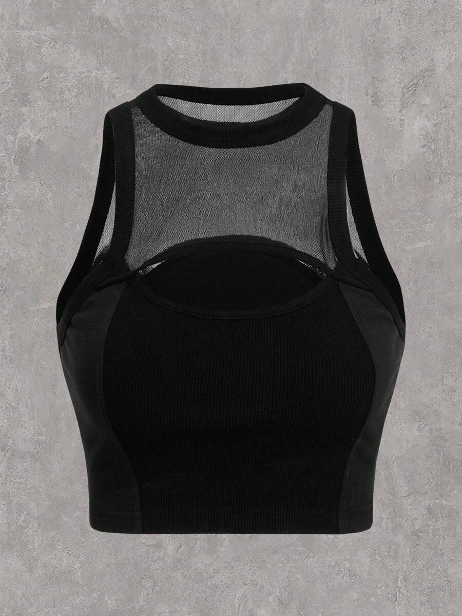 SHEIN Coolane 女士透孔網紗拼色修身上衣 - 黑色 - 查看 1