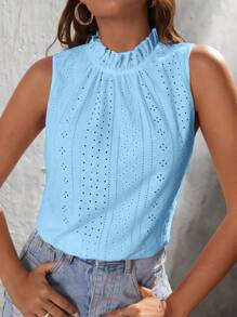 SHEIN VCAY Solid Color Hollow Out Embroidery Stand Collar Tank Top - Baby Blue - View 3