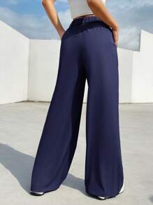SHEIN EZwear Dệt Của phụ nữ Xếp li Quần Với Túi - Màu xanh hải quân - Xem 3