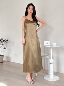 DAZY 纯色宽松纹理细肩带连衣裙，休闲女装 - 金色 - 查看 1