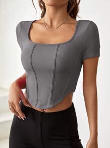 SHEIN EZwear Camiseta bajo pañuelo de cuello cuadrado con costura detalle - Gris - Ver 1