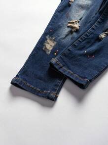 SHEIN Explorewe 男童牛仔褲，新款休閒時尚，彩色噴漆&破壞設計，水洗牛仔褲 - 深色水洗藍 - 查看 6