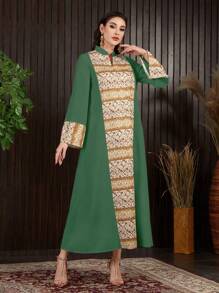 Al Najma Women's Fashionable Printed Patchwork Long Sleeve Arabian Dress
