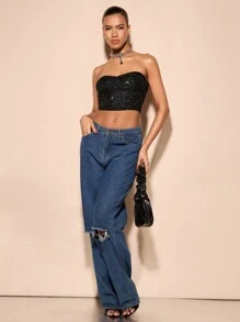 SHEIN BAE Zip Back Sequin Tube Top - Black - View 4