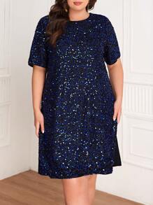 SHEIN Clasi Kích thước lớn Lung linh Vòng cổ Đầm giản dị - Xanh đậm - Xem 4