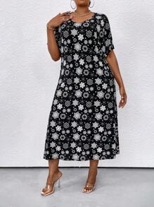 SHEIN LUNE Vestido Estampado De Manga Corta Con Cuello En V Y Tamaño Extra Para Mujer - Negro - Ver 4