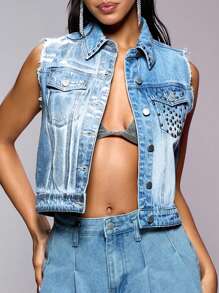 SHEIN BAE Metallic Women's Denim Vest&Spring Jacket&Summer Jacket&Music Festival
