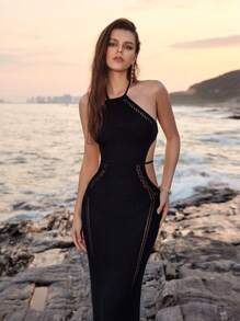 Anewsta 女士露背連身毛衣裙,後綁帶腰帶設計 - 黑色 - 查看 1