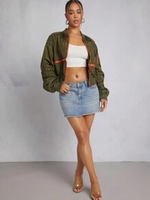 Denimoi Áo khoác Bomber có chi tiết khóa kéo tương phản - xanh quân đội - Xem 3