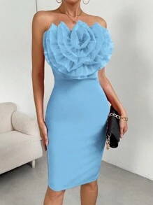 Roylia 3d Floral Bodycon Strapless Dress - Blue - View 5