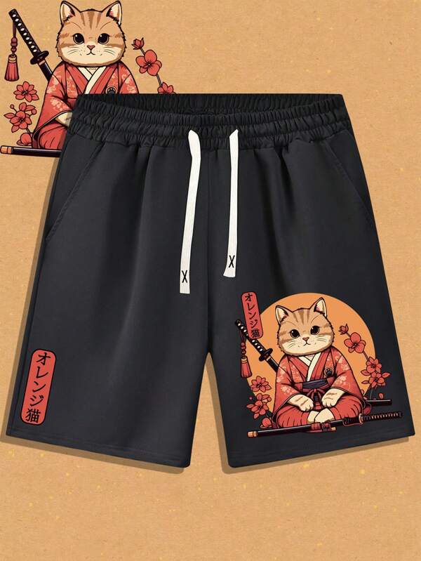 Summer Men's Ukiyo-E Anime Japanese Samurai Cat Printed Sports Casual Shorts With Drawstring Elastic Waist And Pockets, Thin Breathable Beach Pants Suitable For Outdoor, Sports, Running, Outdoor Activities