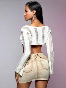 SHEIN BAE 女性復古花邊迷你牛仔裙＆春季服裝＆音樂節 - 卡其色 - 查看 2