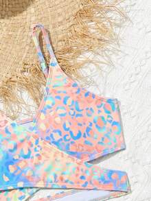 Conjunto de bikini para niña preadolescente, conjunto de bikini con estampado de leopardo colorido con diseño cruzado, playa de primavera y verano - Azul - Ver 3