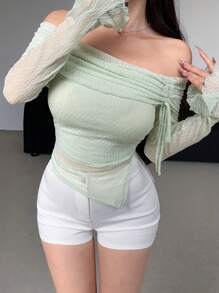 DAZY Textured Off Shoulder Drawstring T-Shirt - Mint Green - View 2